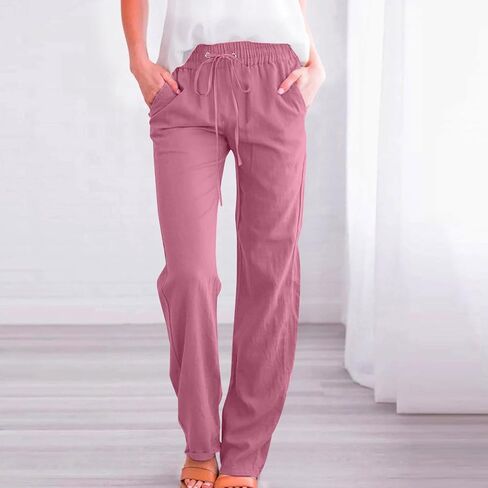 Cotton Linen Pants for Women Dressy Casual High Waisted Drawstring Pant Causal Summer Straight Leg Lounge Trousers in Saudi Arabia