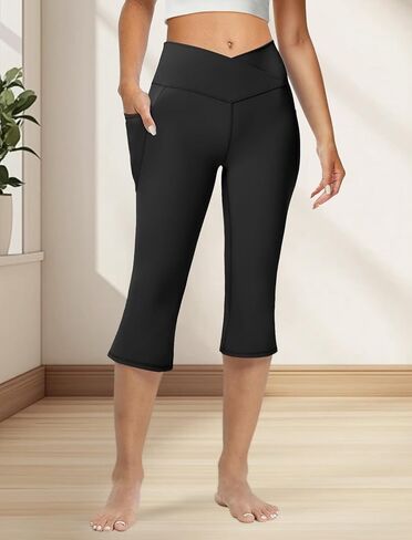 سراويل اليوغا النسائية Capris Crossover مضيئة طماق مع جيوب ممارسة الصالة الرياضية تجريب المحاصيل أسفل مستقيم in Saudi Arabia