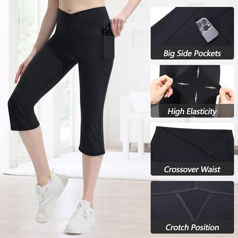 سراويل اليوغا النسائية Capris Crossover مضيئة طماق مع جيوب ممارسة الصالة الرياضية تجريب المحاصيل أسفل مستقيم in Saudi Arabia