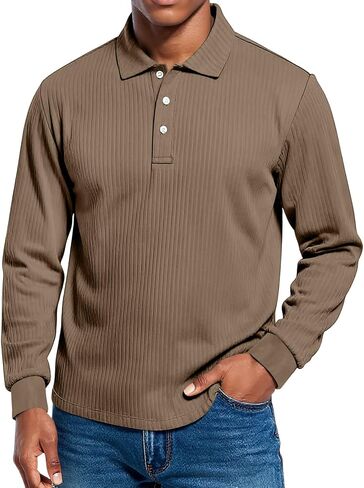 Long Sleeve Shirts for Men Men's Polo Shirts Casual Loose Solid Color Button Down Ribbed Stretchy Golf Wrok Tops in Saudi Arabia