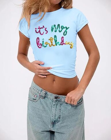Birthday Shirts for Women Glitter Its My Birthday Graphic Tees Summer Y2k Baby Tee Cute Girl Crop Tops in Saudi Arabia