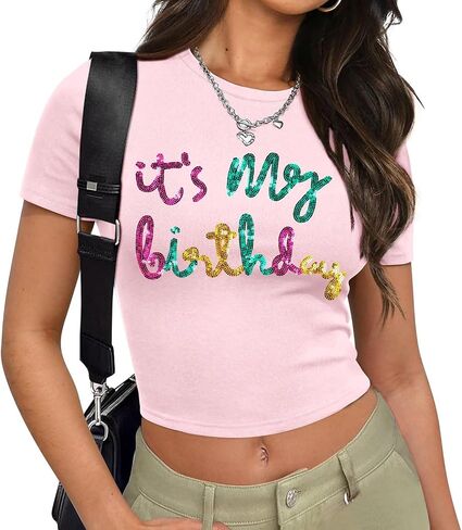 Birthday Shirts for Women Glitter Its My Birthday Graphic Tees Summer Y2k Baby Tee Cute Girl Crop Tops in Saudi Arabia