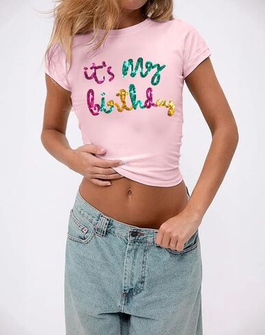 Birthday Shirts for Women Glitter Its My Birthday Graphic Tees Summer Y2k Baby Tee Cute Girl Crop Tops in Saudi Arabia