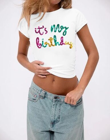 Birthday Shirts for Women Glitter Its My Birthday Graphic Tees Summer Y2k Baby Tee Cute Girl Crop Tops in Saudi Arabia