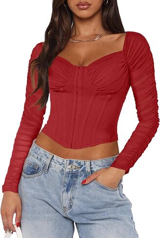 Relipop Women's 2025 Sexy Sweetheart Neckline Top Sheer Mesh Long Sleeve Ruched Going Out Corset Crop Tops in Kuwait