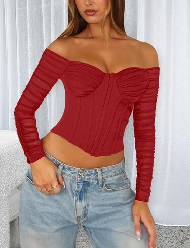 Relipop Women's 2025 Sexy Sweetheart Neckline Top Sheer Mesh Long Sleeve Ruched Going Out Corset Crop Tops in Kuwait