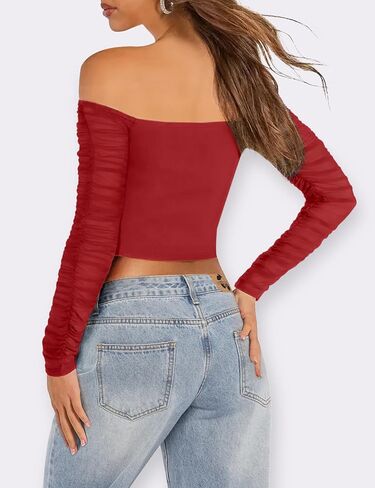 Relipop Women's 2025 Sexy Sweetheart Neckline Top Sheer Mesh Long Sleeve Ruched Going Out Corset Crop Tops in Kuwait