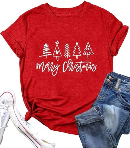 DESFSE Merry Christmas Shirts for Women Christmas Short Sleeve Tshirt Xmas Buffalo Plaid Tree Cute Graphic Print Tee Tops in Kuwait