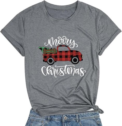 DESFSE Merry Christmas Shirts for Women Christmas Short Sleeve Tshirt Xmas Buffalo Plaid Tree Cute Graphic Print Tee Tops in Kuwait