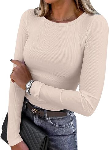 QUALFORT Women's Long Sleeve Shirts Ribbed Knit Tops Slim Fit Crewneck Basic Tee 2025 Casual T-Shirt Going Out Fall Outfits in Saudi Arabia