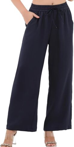 Aphratti Women's Wide Leg Pants Elastic High Waisted Casual Summer Beach Flowy Palazzo Pants Trousers with Pockets in Saudi Arabia