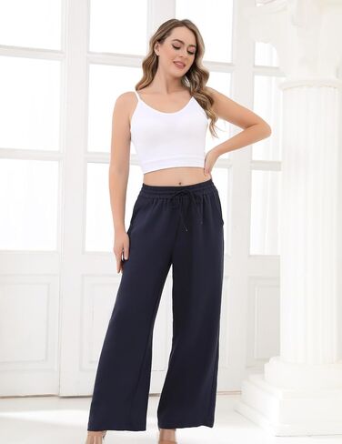 Aphratti Women's Wide Leg Pants Elastic High Waisted Casual Summer Beach Flowy Palazzo Pants Trousers with Pockets in Saudi Arabia