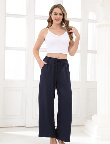 Aphratti Women's Wide Leg Pants Elastic High Waisted Casual Summer Beach Flowy Palazzo Pants Trousers with Pockets in Saudi Arabia