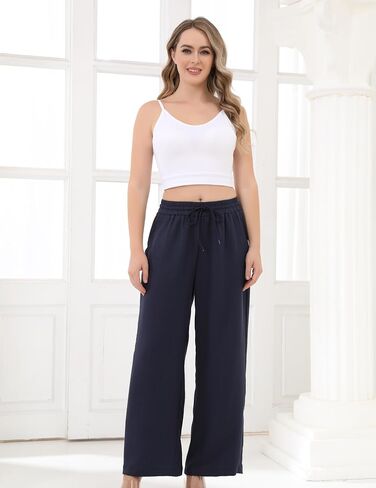 Aphratti Women's Wide Leg Pants Elastic High Waisted Casual Summer Beach Flowy Palazzo Pants Trousers with Pockets in Saudi Arabia