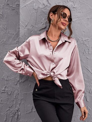 Women's Satin Long Bishop Sleeve Button Front Dress Shirt Blouse Tops in Saudi Arabia