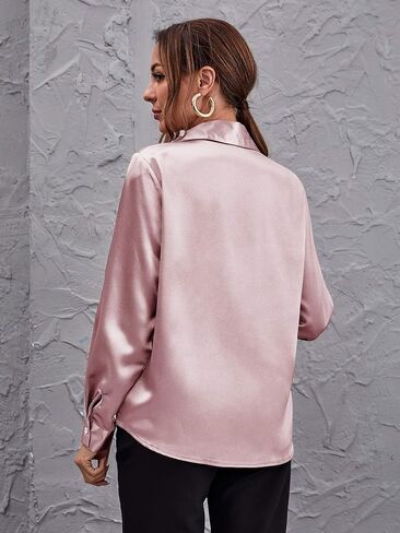 Women's Satin Long Bishop Sleeve Button Front Dress Shirt Blouse Tops in Saudi Arabia