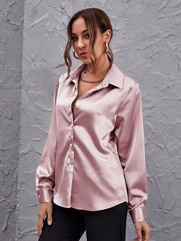 Women's Satin Long Bishop Sleeve Button Front Dress Shirt Blouse Tops in Saudi Arabia