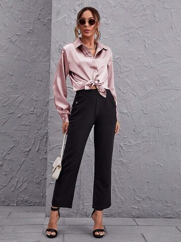 Women's Satin Long Bishop Sleeve Button Front Dress Shirt Blouse Tops in Saudi Arabia