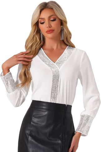 بلوزة Allegra K Sequin للسيدات بياقة على شكل V وأكمام طويلة كاجوال وخفيفة الوزن in Saudi Arabia