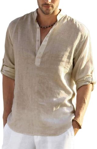 Men's Cotton Linen Henley T-Shirts Long Sleeve Hippie Casual Beach Fashion T-Shirts in Saudi Arabia
