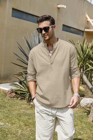 Men's Cotton Linen Henley T-Shirts Long Sleeve Hippie Casual Beach Fashion T-Shirts in Saudi Arabia