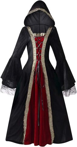 Women Medieval Renaissance Hooded Dress Adult Vintage Lace Trumpet Sleeves Witch Costume Halloween Victorian Cosplay in Saudi Arabia