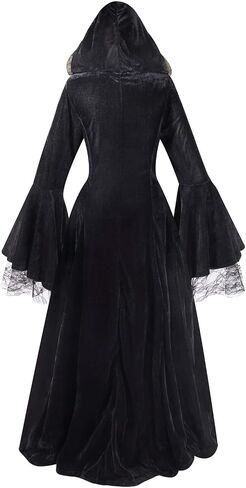 Women Medieval Renaissance Hooded Dress Adult Vintage Lace Trumpet Sleeves Witch Costume Halloween Victorian Cosplay in Saudi Arabia