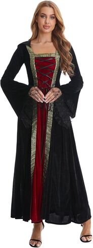 Women Medieval Renaissance Hooded Dress Adult Vintage Lace Trumpet Sleeves Witch Costume Halloween Victorian Cosplay in Saudi Arabia
