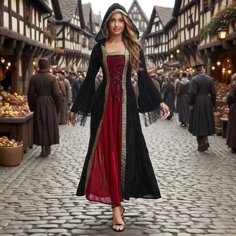 Women Medieval Renaissance Hooded Dress Adult Vintage Lace Trumpet Sleeves Witch Costume Halloween Victorian Cosplay in Saudi Arabia