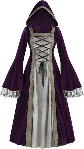 Women Medieval Renaissance Hooded Dress Adult Vintage Lace Trumpet Sleeves Witch Costume Halloween Victorian Cosplay in Saudi Arabia
