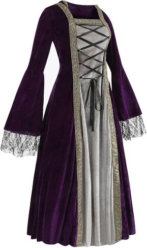 Women Medieval Renaissance Hooded Dress Adult Vintage Lace Trumpet Sleeves Witch Costume Halloween Victorian Cosplay in Saudi Arabia