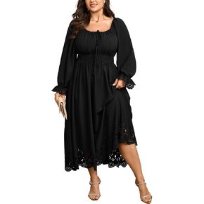 SCOMCHIC Womens Plus Size Maxi Dress Long Sleeve Square Neck Smocked Wedding Guest Flowy A-Line Hollow Out Long Dresses in Saudi Arabia
