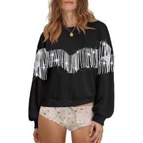 سويت شيرت حريمي ذو هامش سباركلي بأكمام طويلة بلوفر راعية البقر الغربية بشرابة علوية لامعة للحفلات الموسيقية والمهرجانات in Kuwait