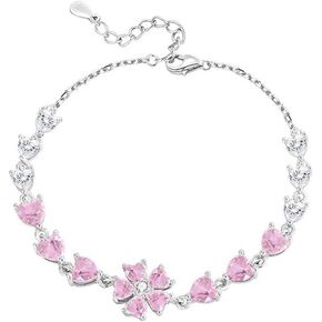 Pink Crystal Cherry Blossom Flower Chain Link Bracelet for Women Sterling Silver Plated Fashion Cute Delicate Heart Love CZ Petal Floral Sakura Bracelets Adjustable Sweet Dainty Fine Jewelry Gifts Lover 20cm in Saudi Arabia