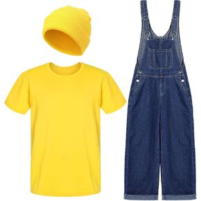 Coume Halloween Costume Outfit Accessories Set for Adult Cartoon Character Role Cosplay Yellow Beanie Unisex T-shirt Overall in Kuwait
