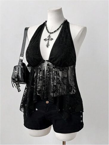 GORGLITTER Women's Plus Size Lace Goth Backless Halter Tops Y2k Sheer Ruffle Top Grunge Clothes in Saudi Arabia