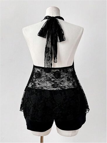 GORGLITTER Women's Plus Size Lace Goth Backless Halter Tops Y2k Sheer Ruffle Top Grunge Clothes in Saudi Arabia