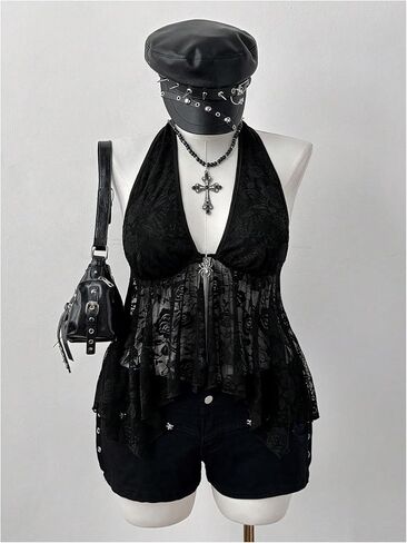 GORGLITTER Women's Plus Size Lace Goth Backless Halter Tops Y2k Sheer Ruffle Top Grunge Clothes in Saudi Arabia