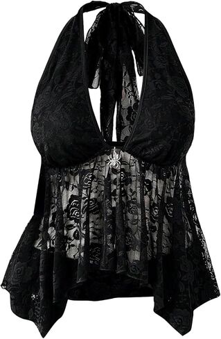 GORGLITTER Women's Plus Size Lace Goth Backless Halter Tops Y2k Sheer Ruffle Top Grunge Clothes in Saudi Arabia