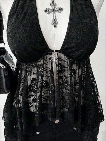 GORGLITTER Women's Plus Size Lace Goth Backless Halter Tops Y2k Sheer Ruffle Top Grunge Clothes in Saudi Arabia