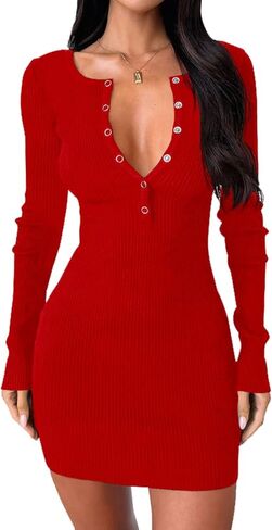 Dressmine فستان سترة نسائي بأكمام طويلة 2025 خريف مثير بياقة على شكل V وأزرار للأسفل فساتين ضيقة لحفلات الكوكتيل فستان قصير متماسك in Kuwait