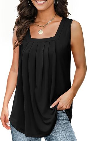 Tank Tops for Women Summer, Loose Fit Pleated Square Neck Sleeveless Tops Flowy Blouse Going Out Tops Basic Shirts (Black,2XL) in Saudi Arabia