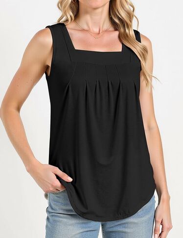 Tank Tops for Women Summer, Loose Fit Pleated Square Neck Sleeveless Tops Flowy Blouse Going Out Tops Basic Shirts (Black,2XL) in Saudi Arabia