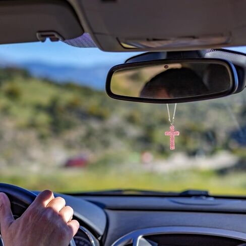 Cross Car Rearview Mirror Ornament, Shiny Rhinestones Cross Pendant Rearview Mirror Hanging Charms for Auto Interior Decor Christian Car Decoration Accessories (White) in Saudi Arabia