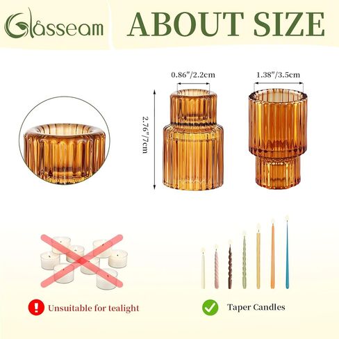 Glass Candlestick Taper Candle Holder: Glasseam Set of 2 Small Candle Holders for Candlesticks, Modern Crystal Clear Tapered Candle Stick Holder for Wedding Dining Table Centerpiece Christmas Decor in Kuwait