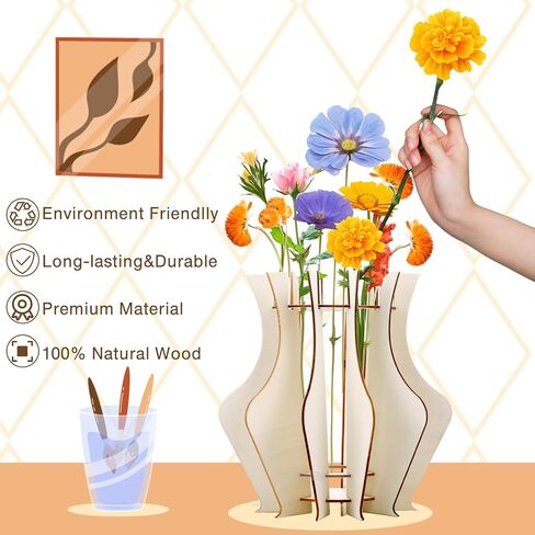 2 Pack Wooden Vase for Puzzle Flowers, Assemble Fan-Shaped Vase for Flower Bouquet Building Set, Display Stand for Roses Cherry Sunflower Tulips Daffodils for Bouquet Building Lover in Saudi Arabia