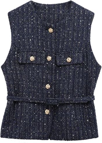 Perbai Womens Tweed Blazer Vest Crewneck Button Down Sleeveless Belted Plaid Work Office Tank Top with Pockets in Saudi Arabia