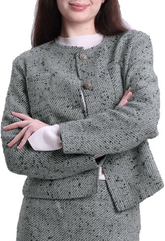 Amazhiyu Women's Wool Cropped Tweed Jacket Blazer Button-up Slim Fit with Pockets in Saudi Arabia