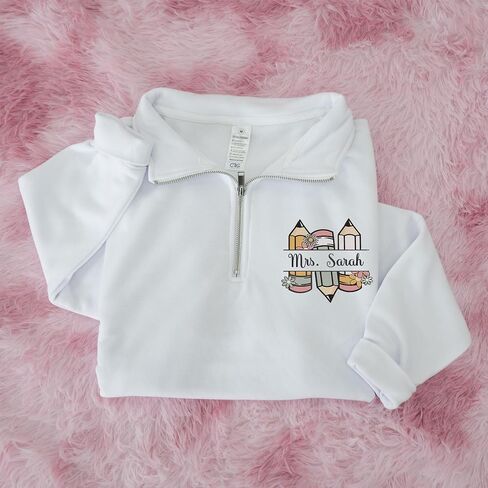 Personalized Teacher Quarter Zip Sweatshirt – Custom Name Embroidered Pullover, Back to School Gift for Educators in Kuwait