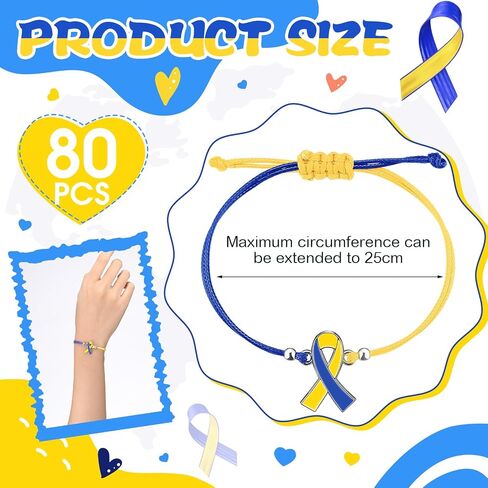 80pcs Down Syndrome Awareness Bracelet Adjustable Blue Yellow Ribbon Cord Fan Shaped Band Braided Bracelet Down Syndrome EDS Special Education Gift for Women Men Fighters in Saudi Arabia